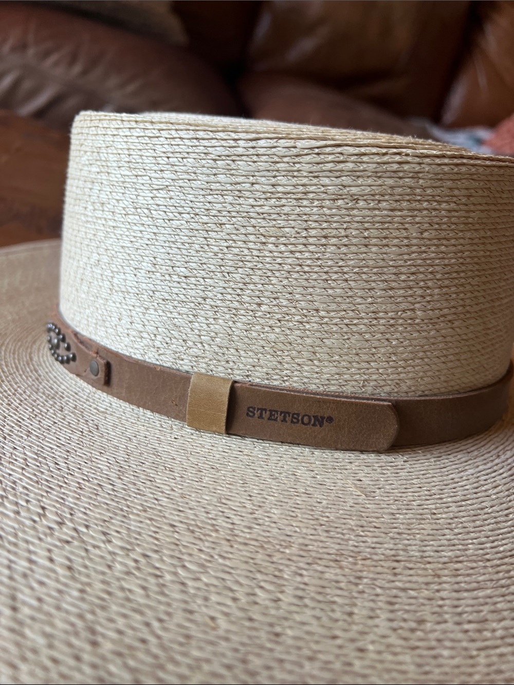 Stetson Natural Straw Palm Hat with Brown Studded Band - Picture 2 of 5